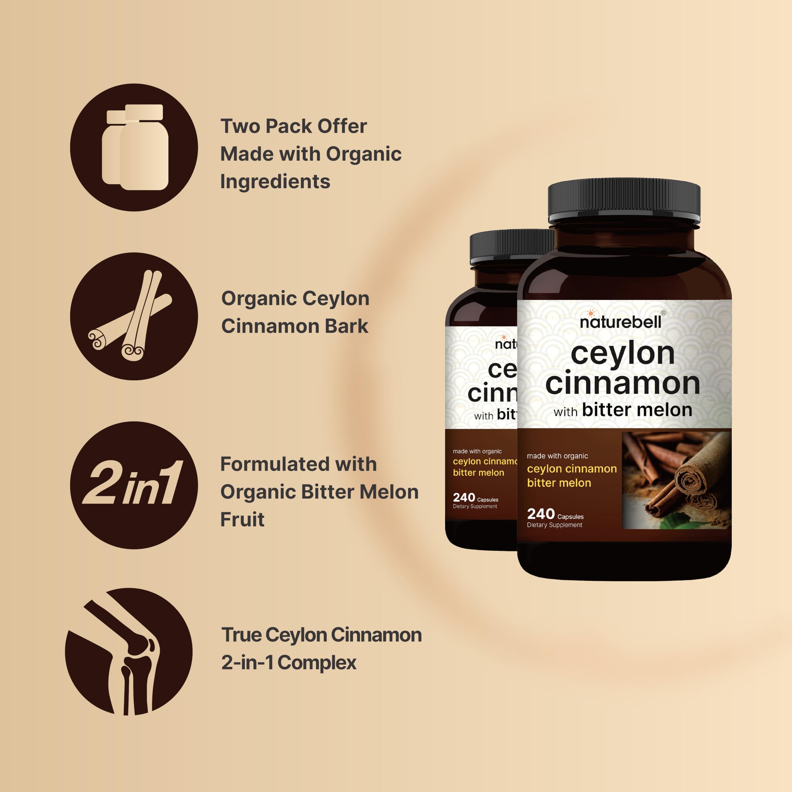 NatureBell organic Ceylon cinnamon extract capsules highlighting clean sourcing