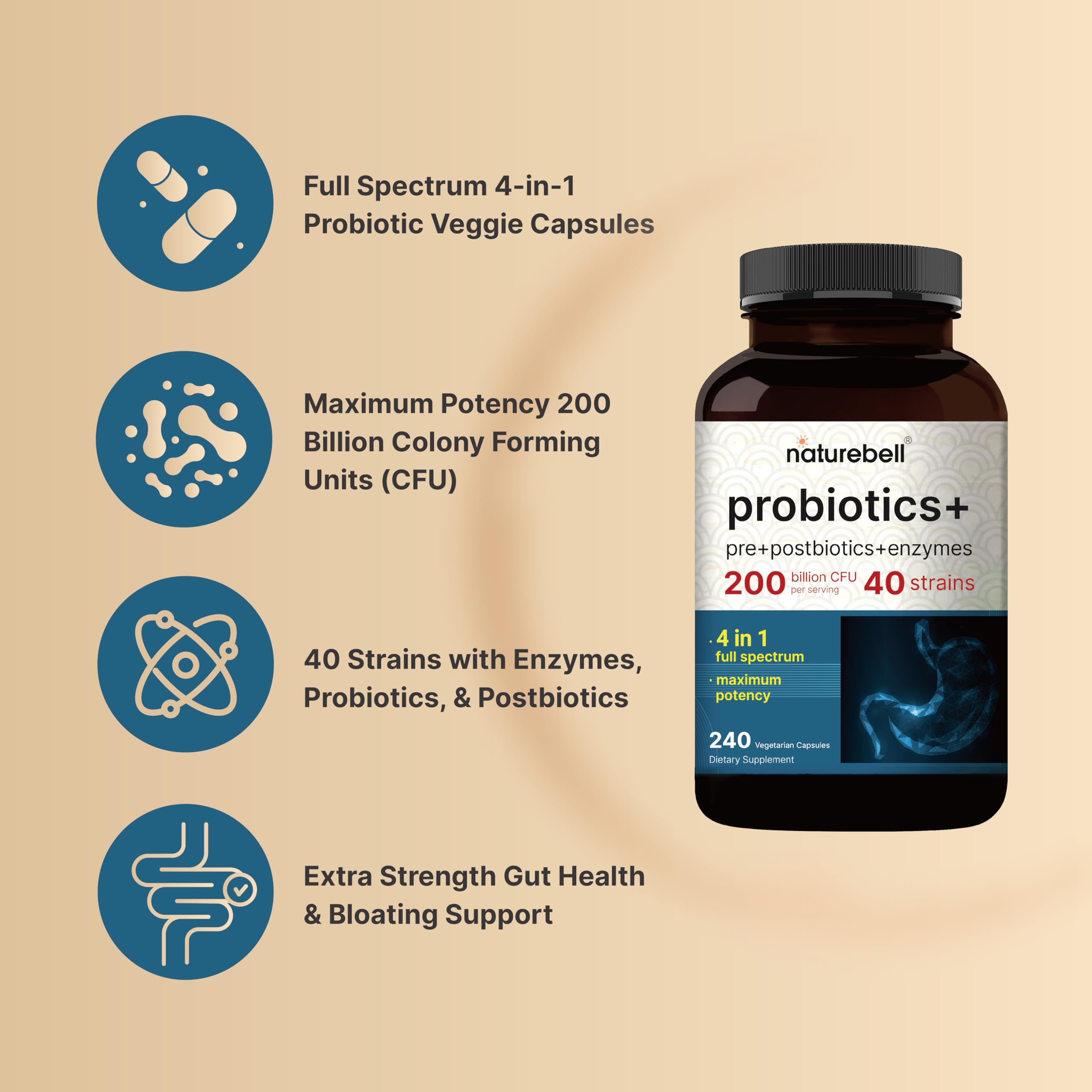 NatureBell Probiotic label highlights 40 strains per serving for broad gut support.