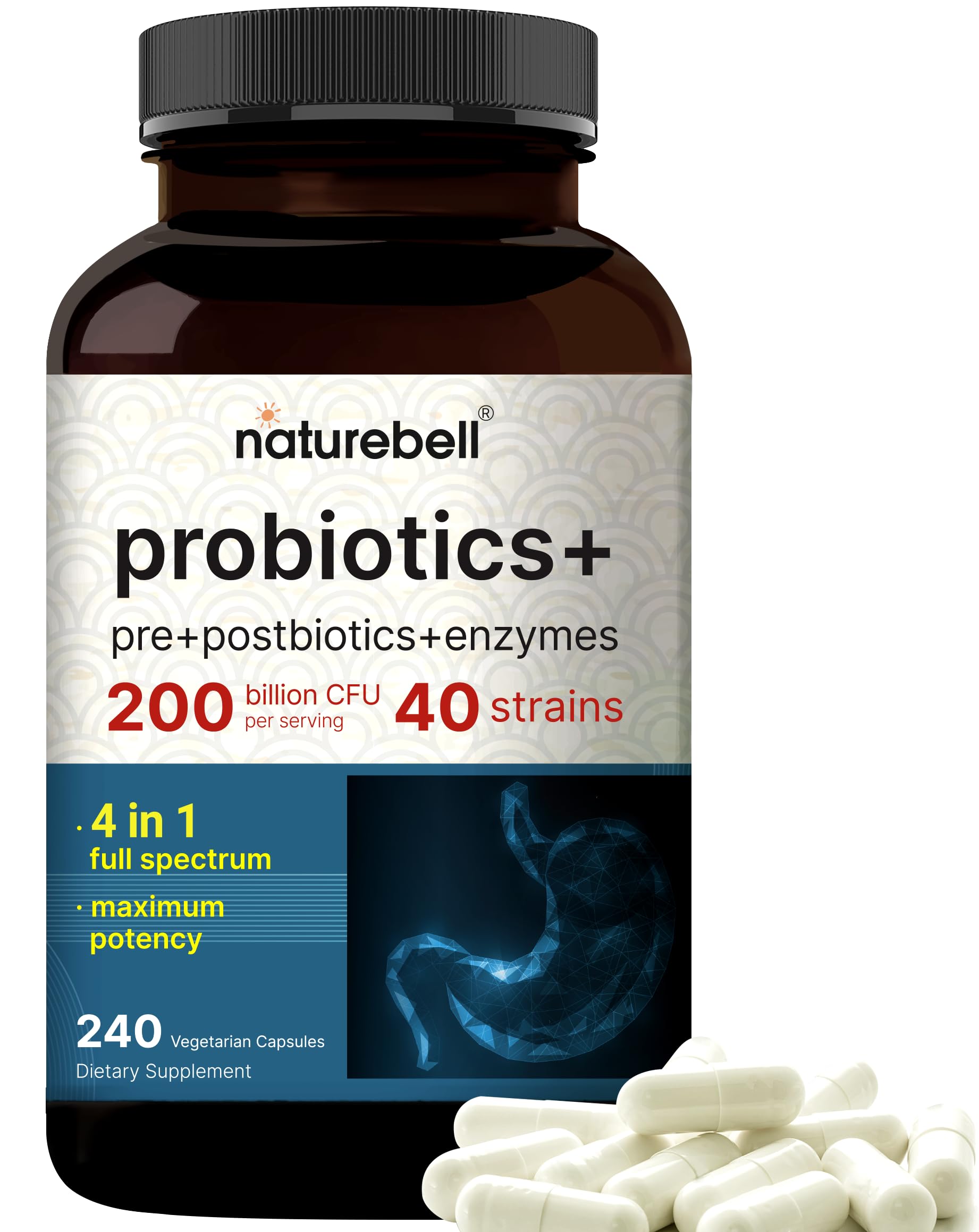 NatureBell Probiotic bottle showing full-spectrum formula for daily gut balance.