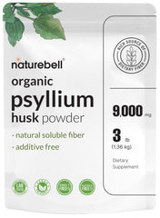 NatureBell Psyllium husk fiber powder bottle highlights organic, soluble fiber for digestive support.