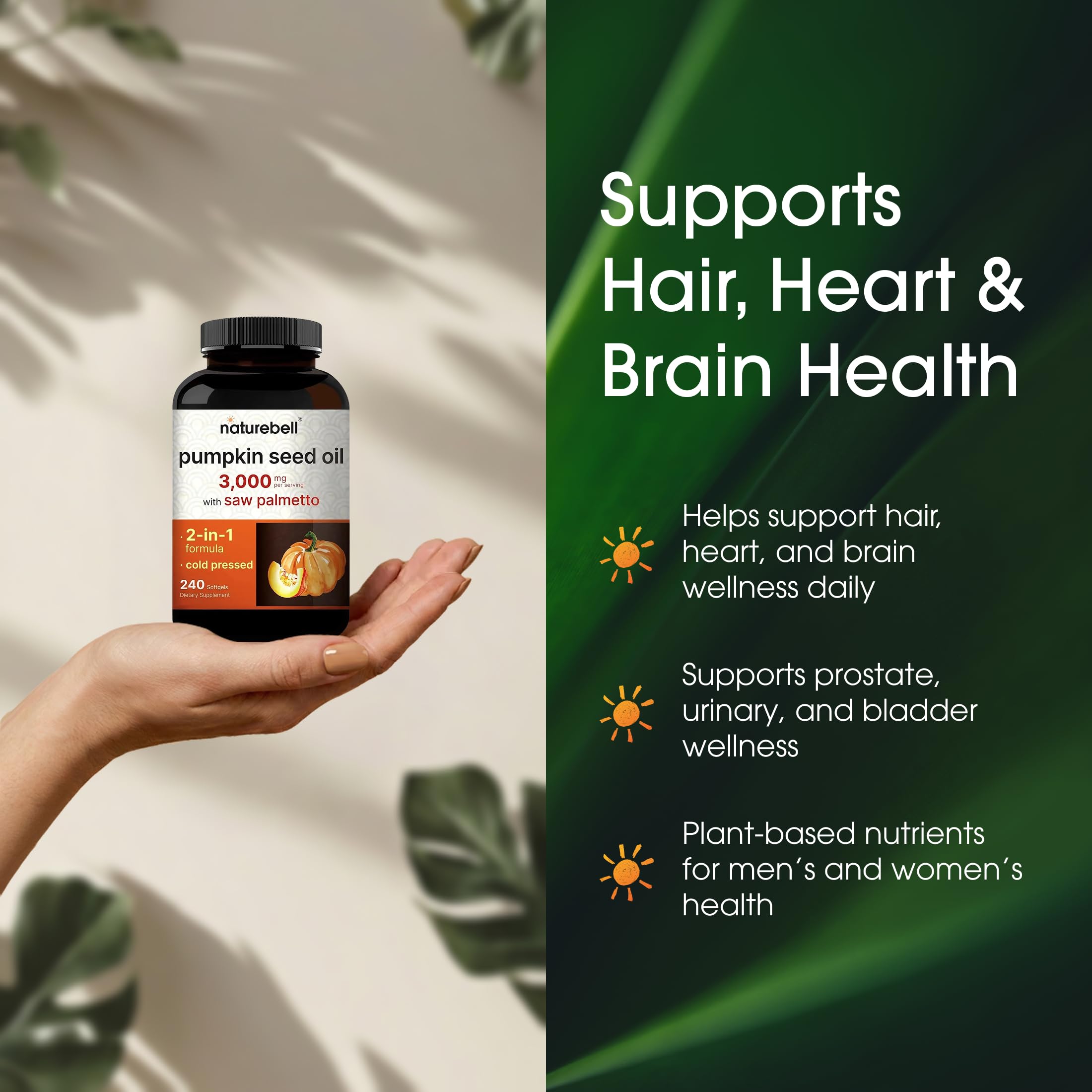 NatureBell Pumpkin Seed Oil softgels on a tray suggest easy daily supplementation.
