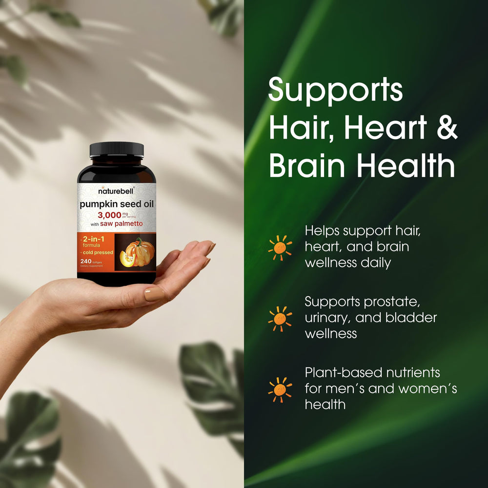 NatureBell Pumpkin Seed Oil softgels on a tray suggest easy daily supplementation.