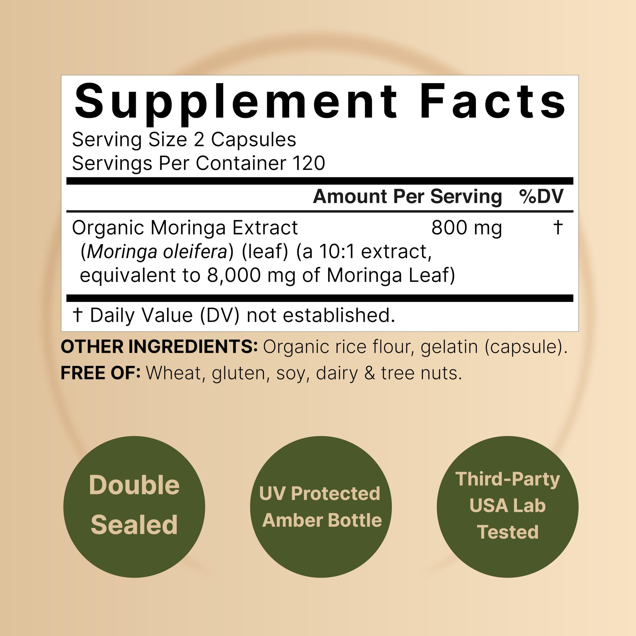 NatureBell moringa bottle back label shows non-GMO and gluten-free features.