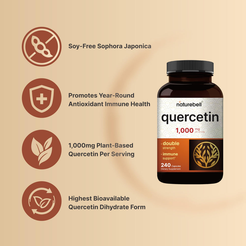 Closeup of NatureBell Quercetin label highlighting soy-free formula
