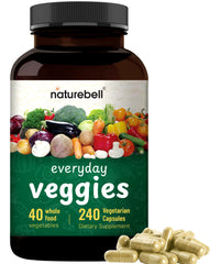 NatureBell vegetable blend bottle showing non-GMO vegan formula for veggie intake.