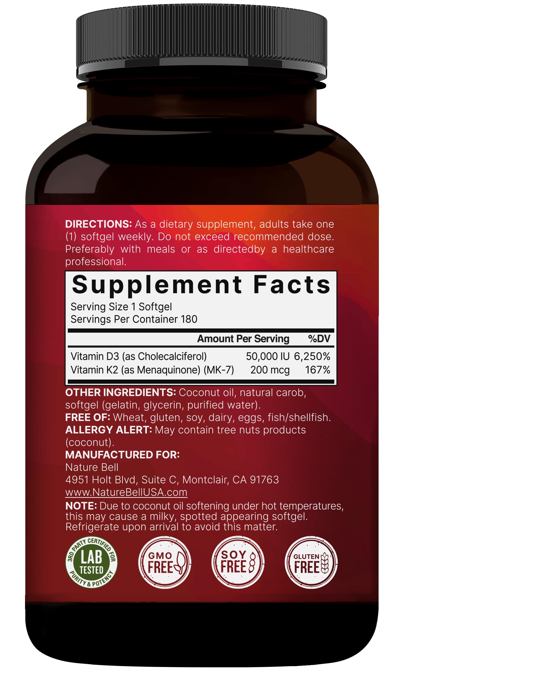 NatureBell Vitamin D3 K2 bottle front label highlights benefits.