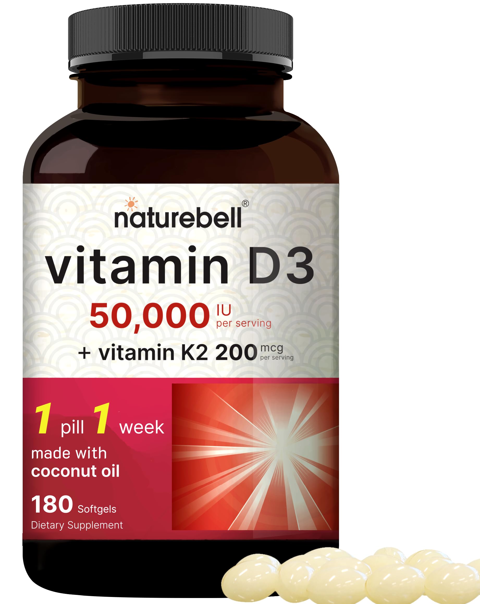 NatureBell Vitamin D3 K2 softgels bottle for bone support and immune wellness.