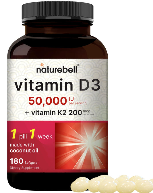 NatureBell Vitamin D3 K2 softgels bottle for bone support and immune wellness.