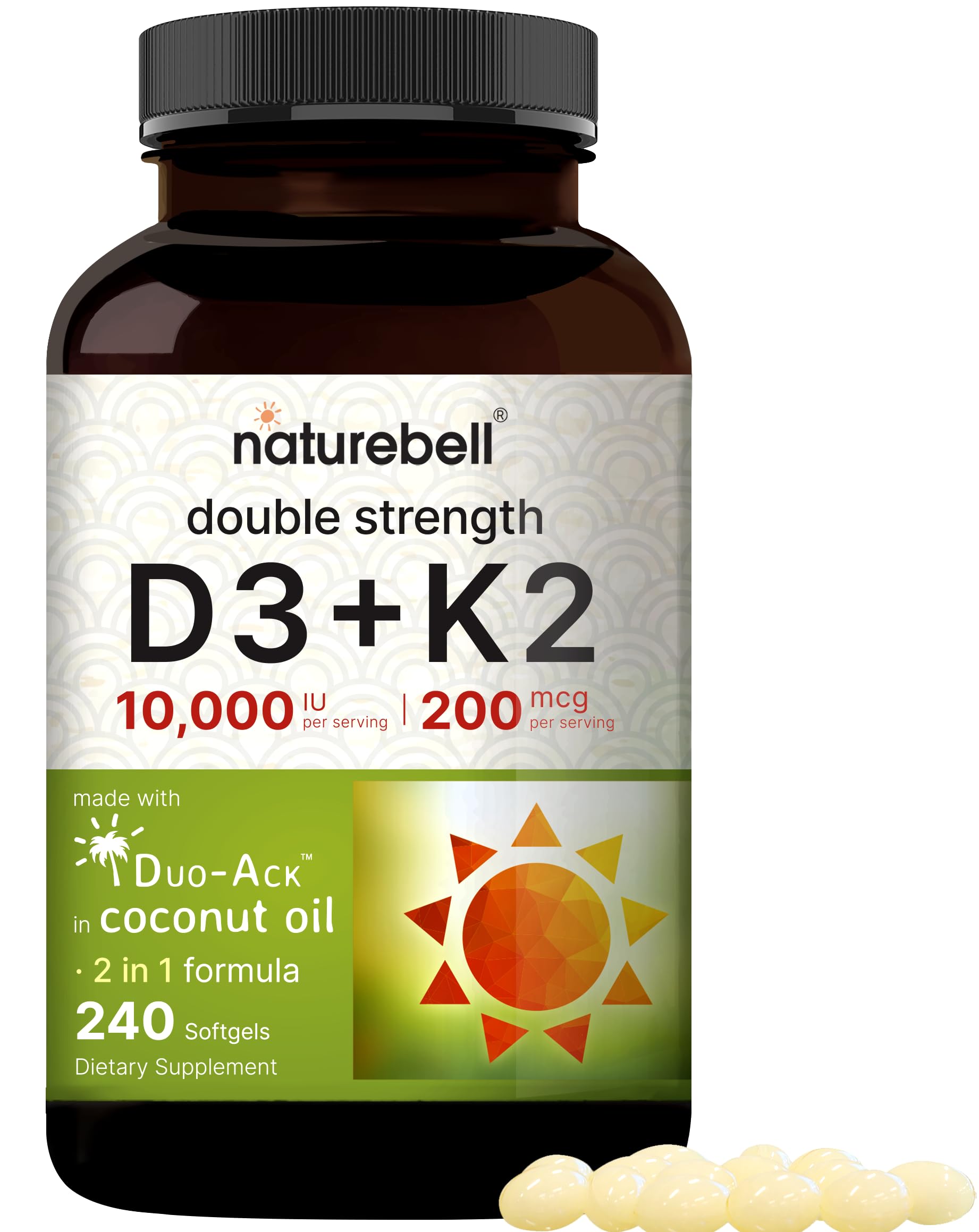 NatureBell Vitamin D3 and K2 softgel bottle highlighting high potency for bone support.