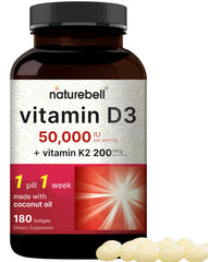 NatureBell Vitamin D3 K2 softgels bottle for bone support and immune wellness.