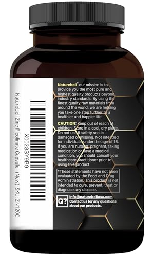 NatureBell zinc 100mg capsules closeup highlighting high-potency picolinate.