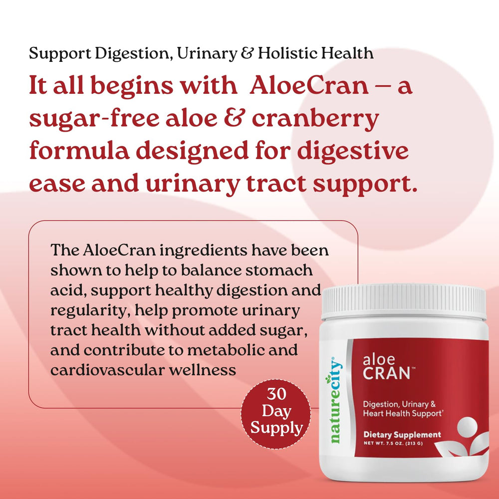 NatureCity AloeCran cranberry powder closeup shows natural fruit content and fiber