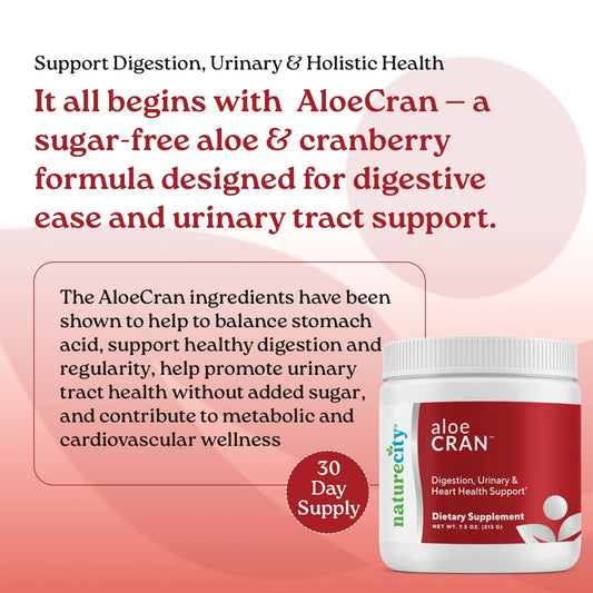 NatureCity AloeCran cranberry powder closeup shows natural fruit content and fiber