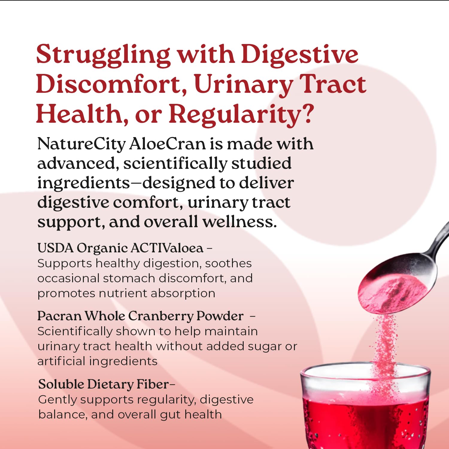 NatureCity AloeCran glass with dispensed mix demonstrates quick, sugar-free hydration