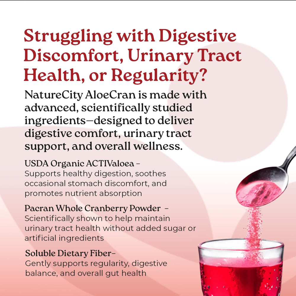 NatureCity AloeCran glass with dispensed mix demonstrates quick, sugar-free hydration