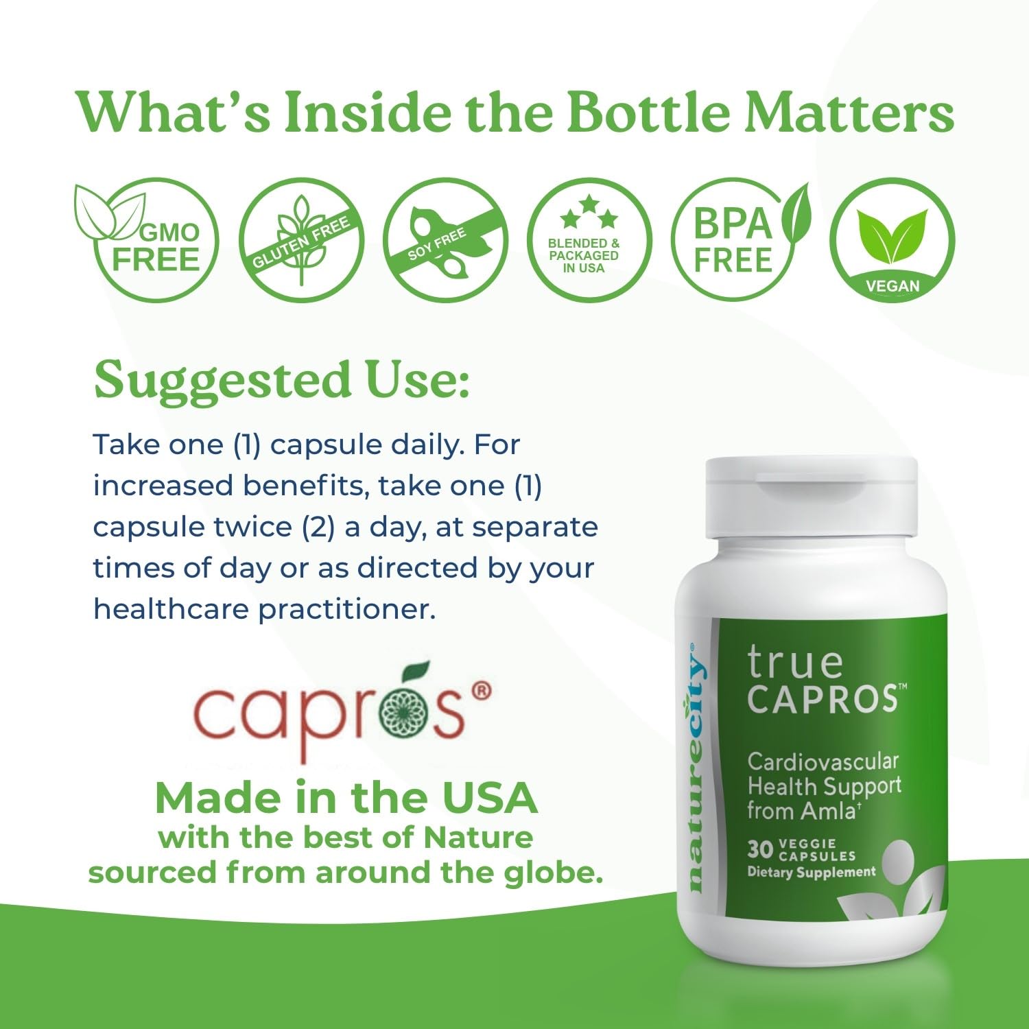 NatureCity Capros Amla label visible promoting vegan-friendly heart health support.