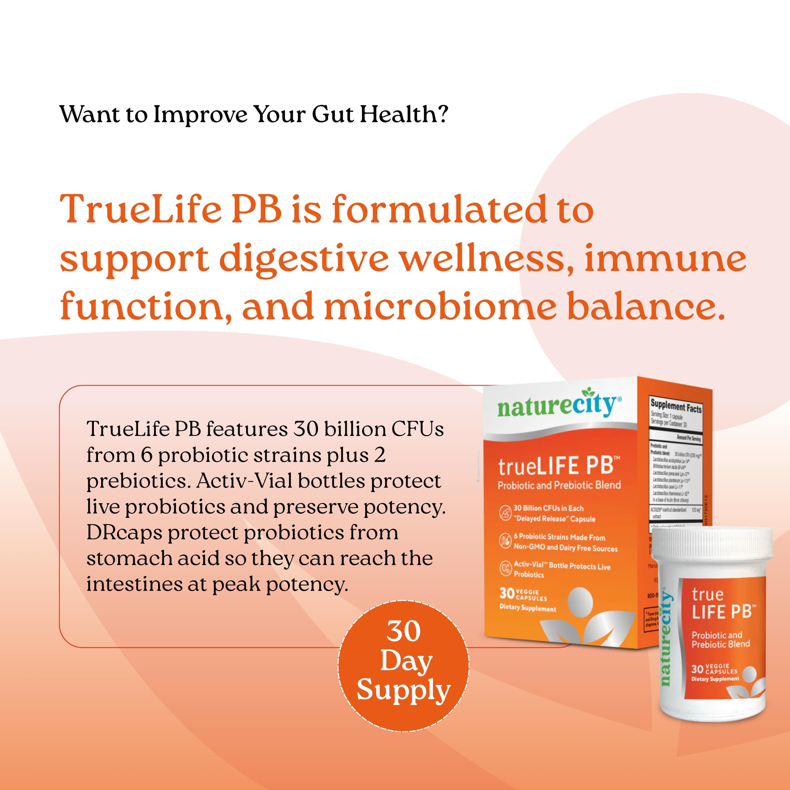 NatureCity True-Life-PB capsules delivering 30B CFUs across six strains