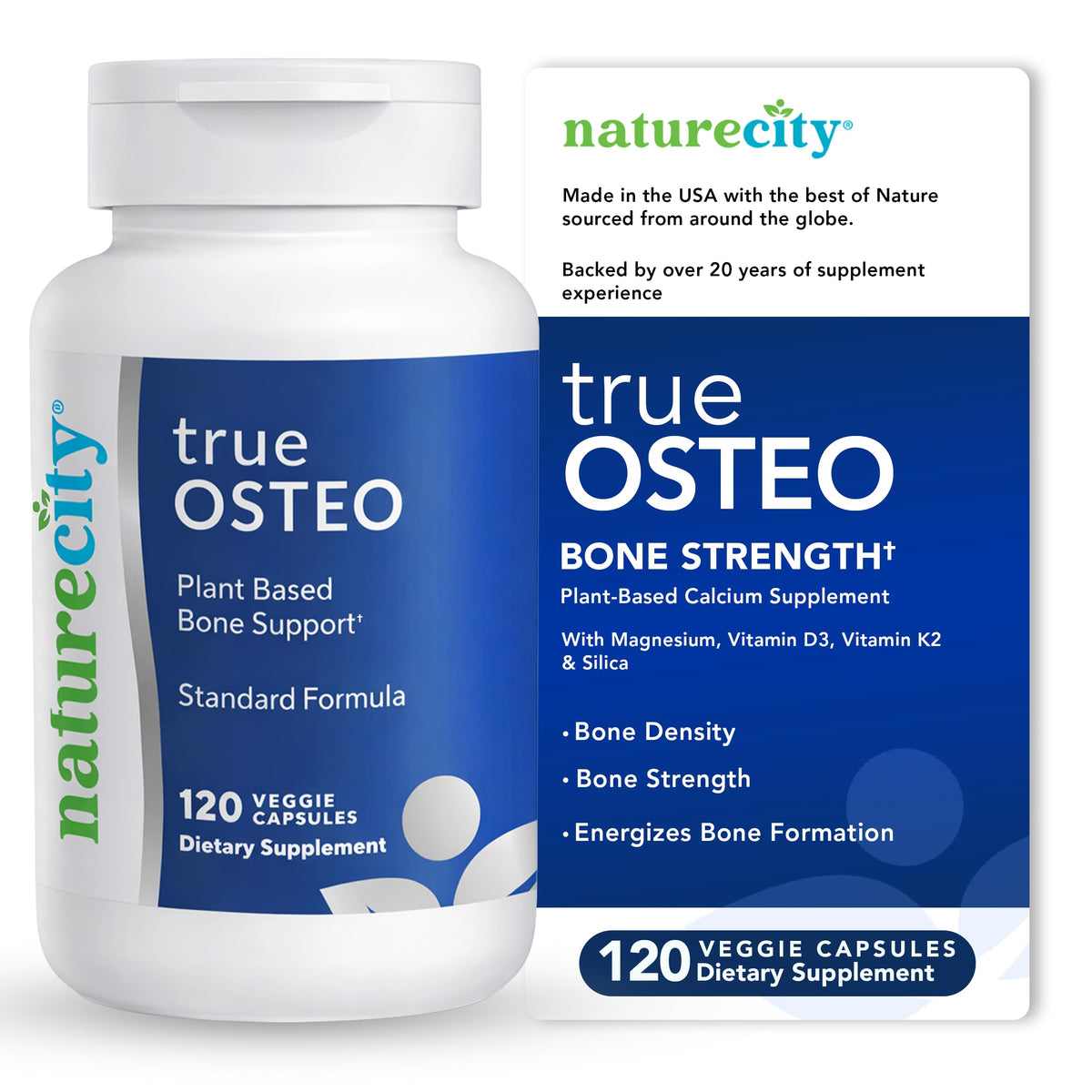 NatureCity True-Osteo bottle front view with plant-based calcium capsules for gentle bone support.