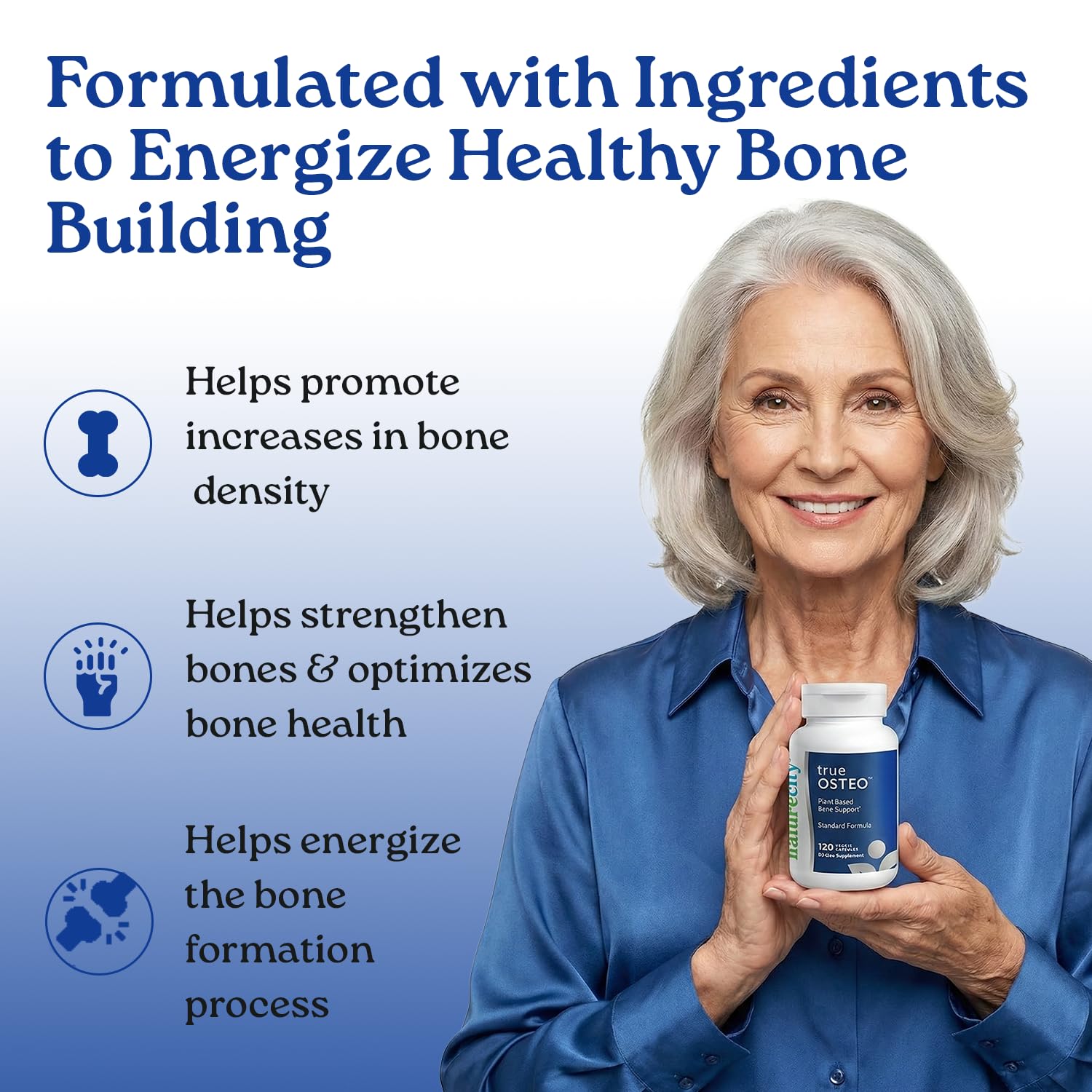 Close-up of NatureCity True-Osteo capsules with algae-derived calcium for bone-friendly nutrients.