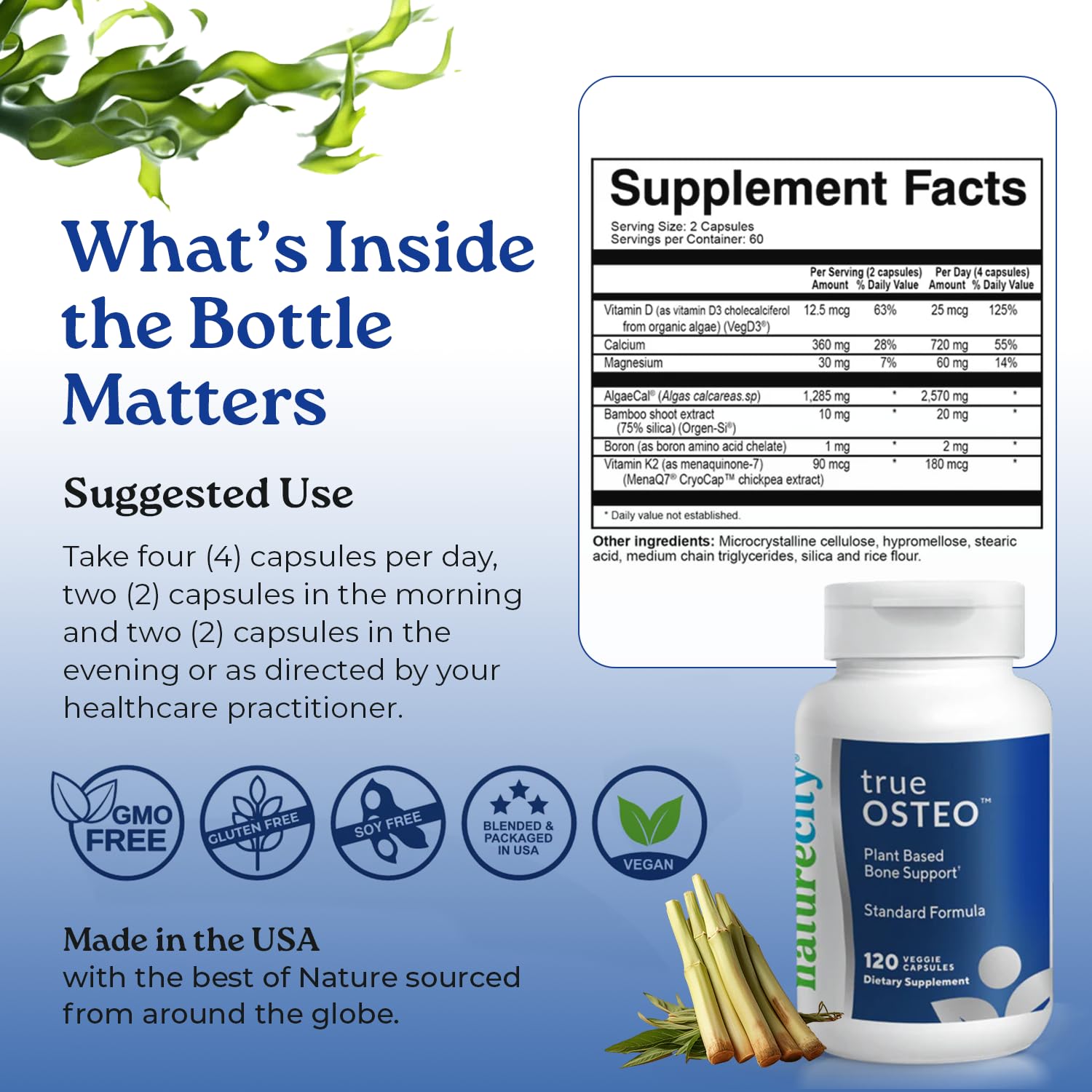 Lifestyle scene featuring NatureCity True-Osteo on a kitchen counter with healthy foods.