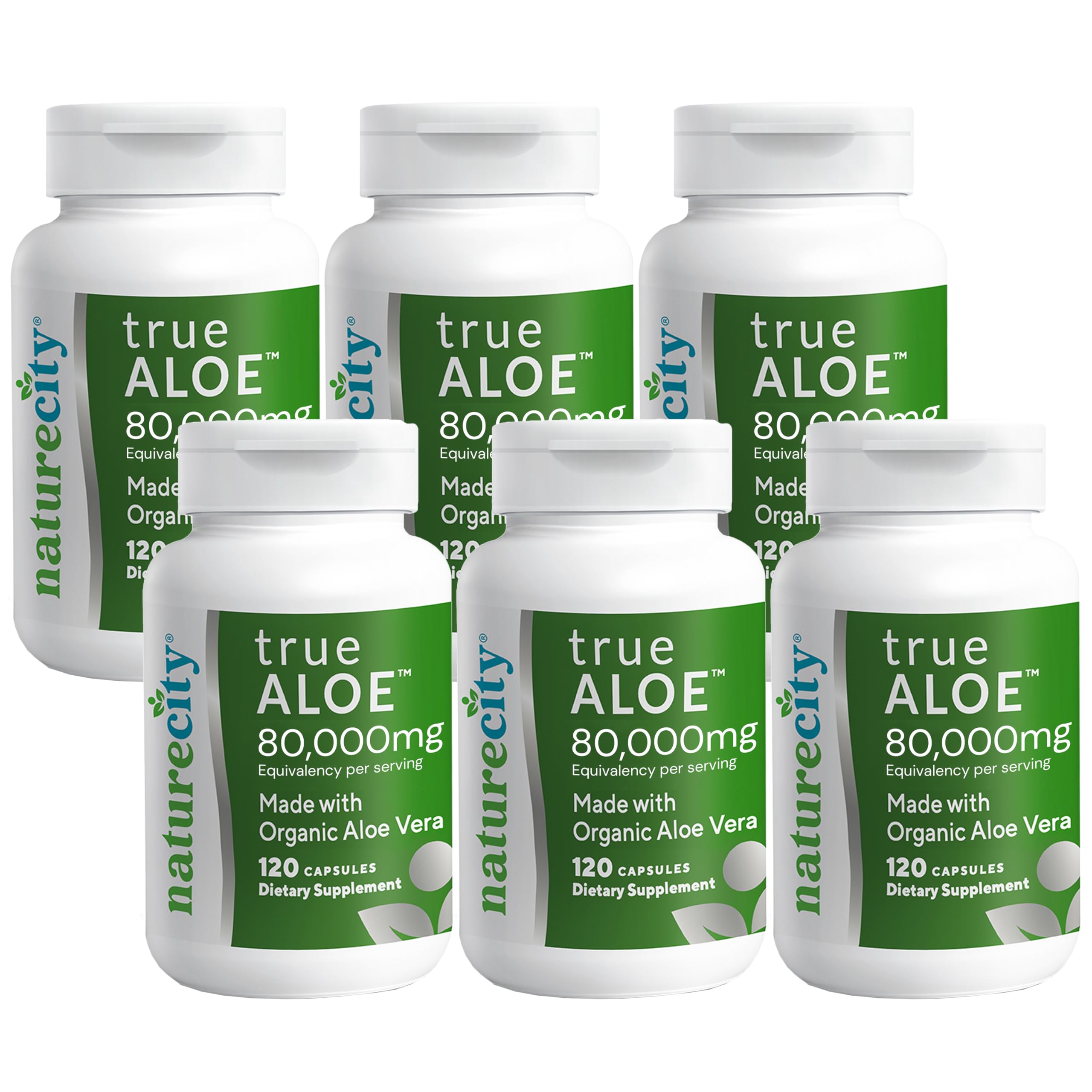 NatureCity True-Aloe bottle front view, an organic aloe vera supplement for daily support.