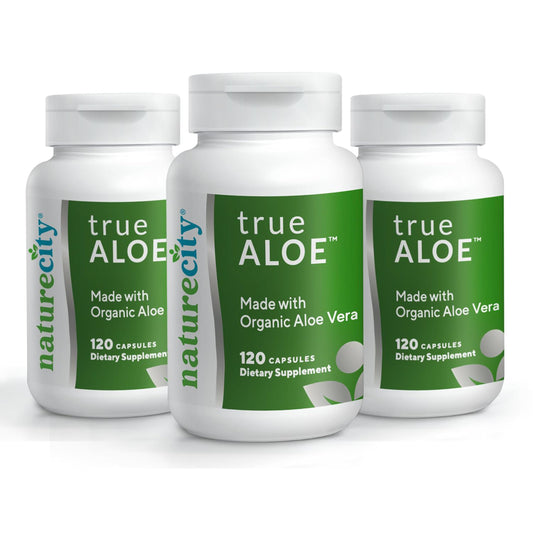 NatureCity True-Aloe bottle front view highlighting daily wellness support.