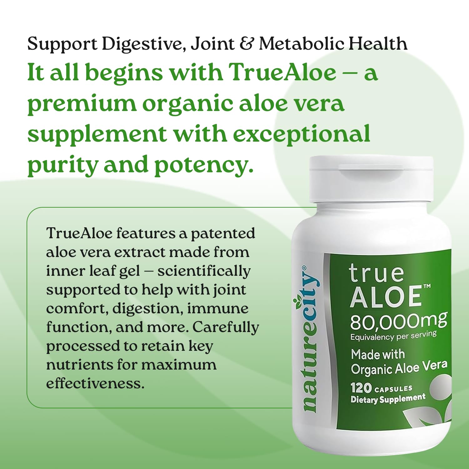 NatureCity True-Aloe capsules close-up highlighting aloe content for GI support.