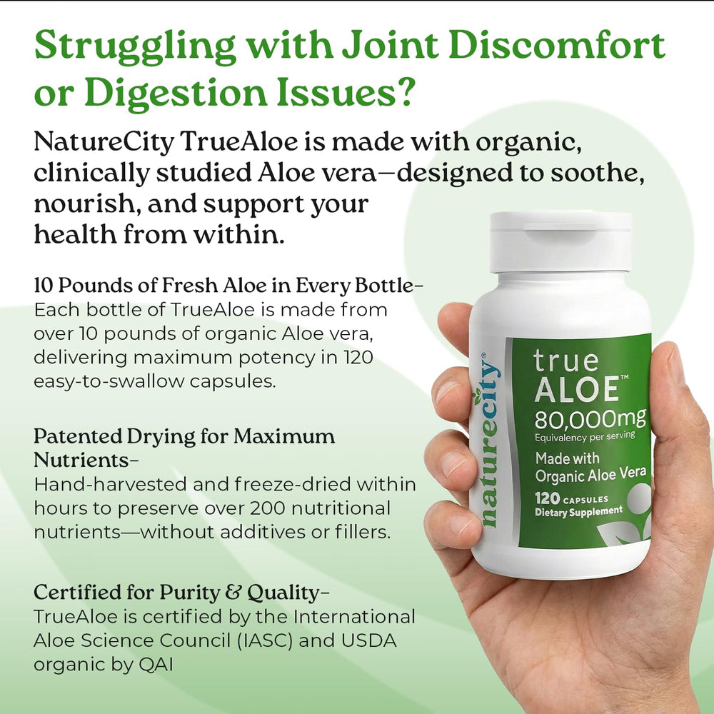 NatureCity True-Aloe label shows IASC purity certification.