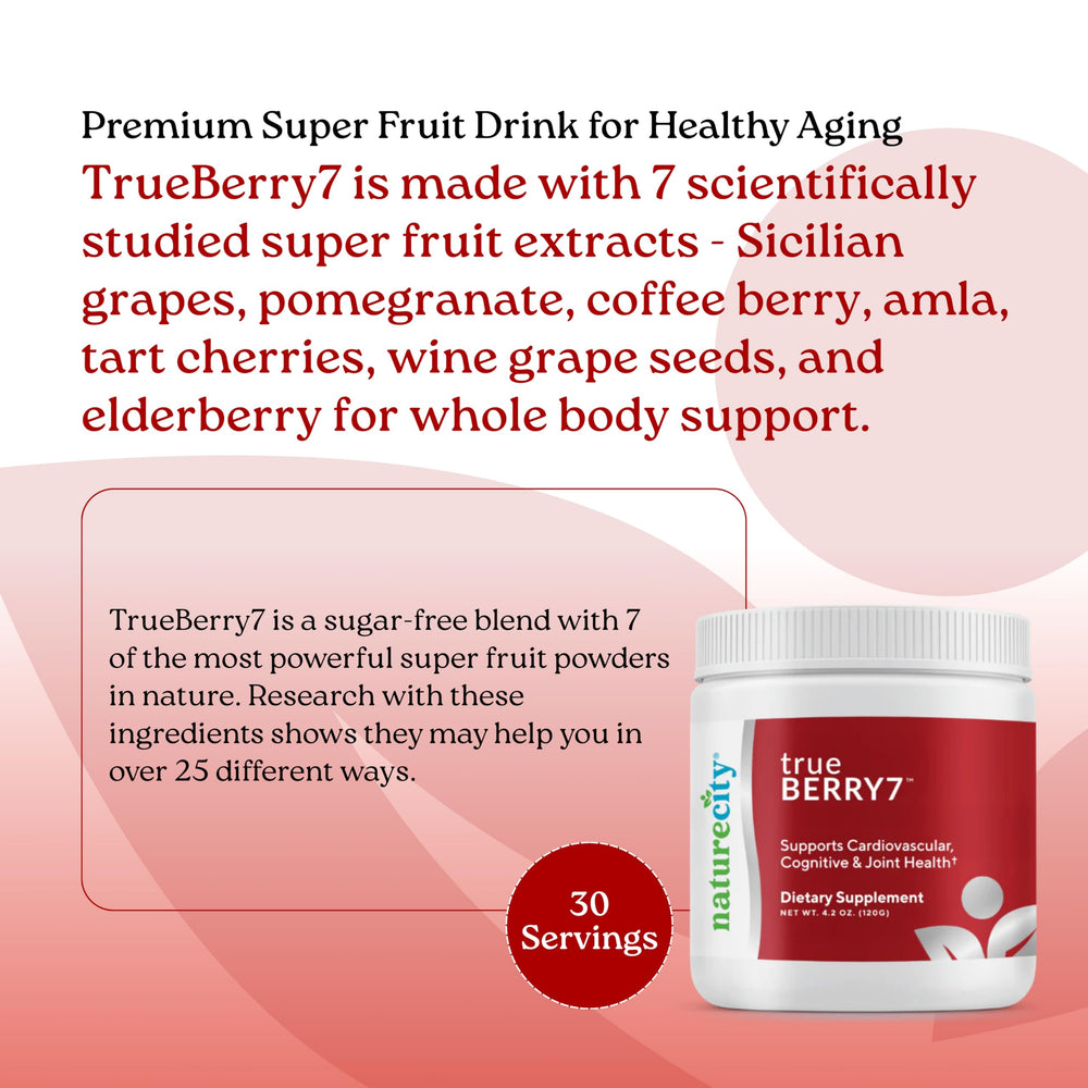 NatureCity True-Berry7 berries close-up emphasizes elderberry, pomegranate, and grape seed blends.