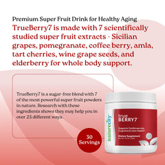 NatureCity True-Berry7 berries close-up emphasizes elderberry, pomegranate, and grape seed blends.