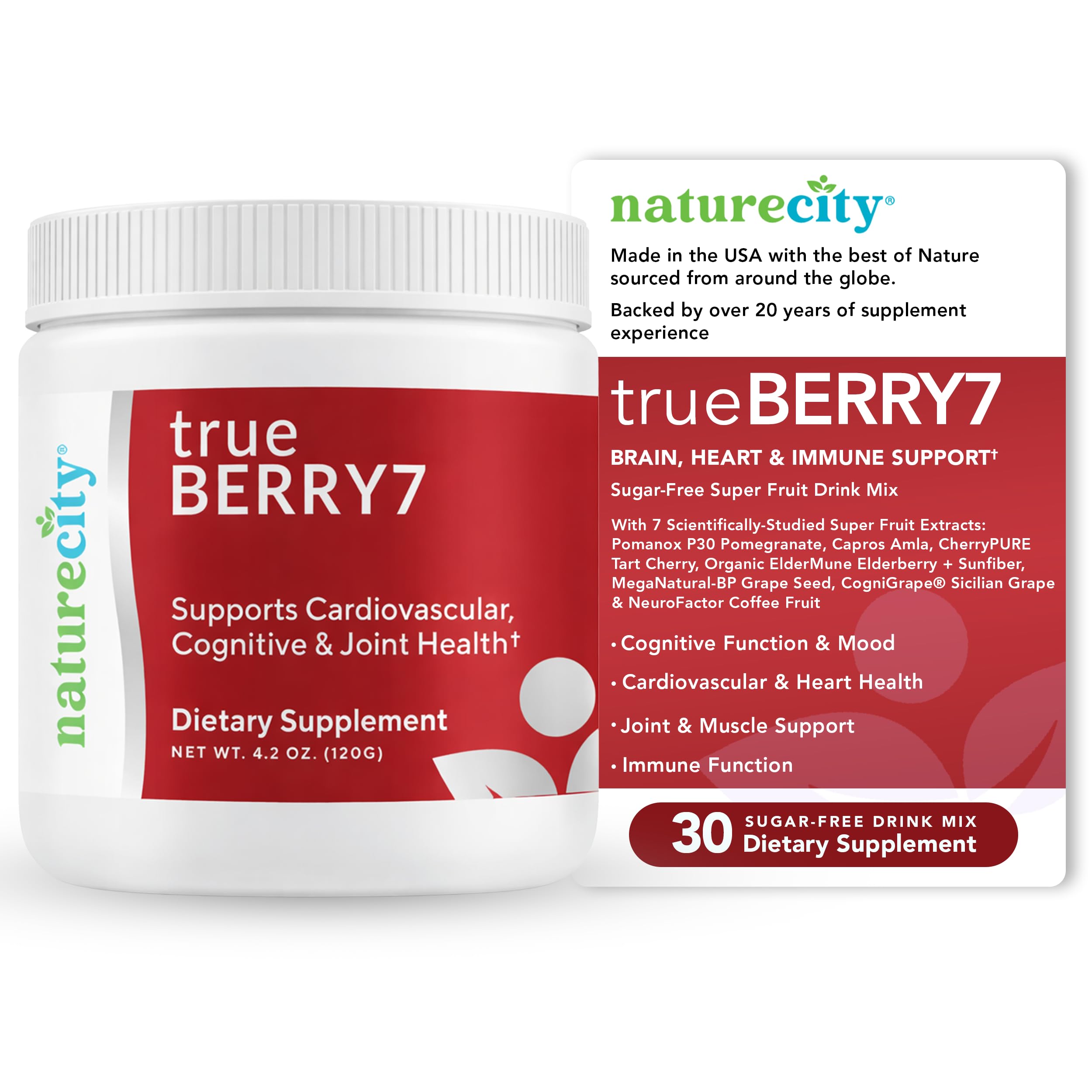 NatureCity True-Berry7 bottle and label highlighting polyphenols for everyday wellness.