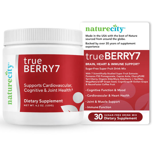 NatureCity True-Berry7 bottle and label highlighting polyphenols for everyday wellness.