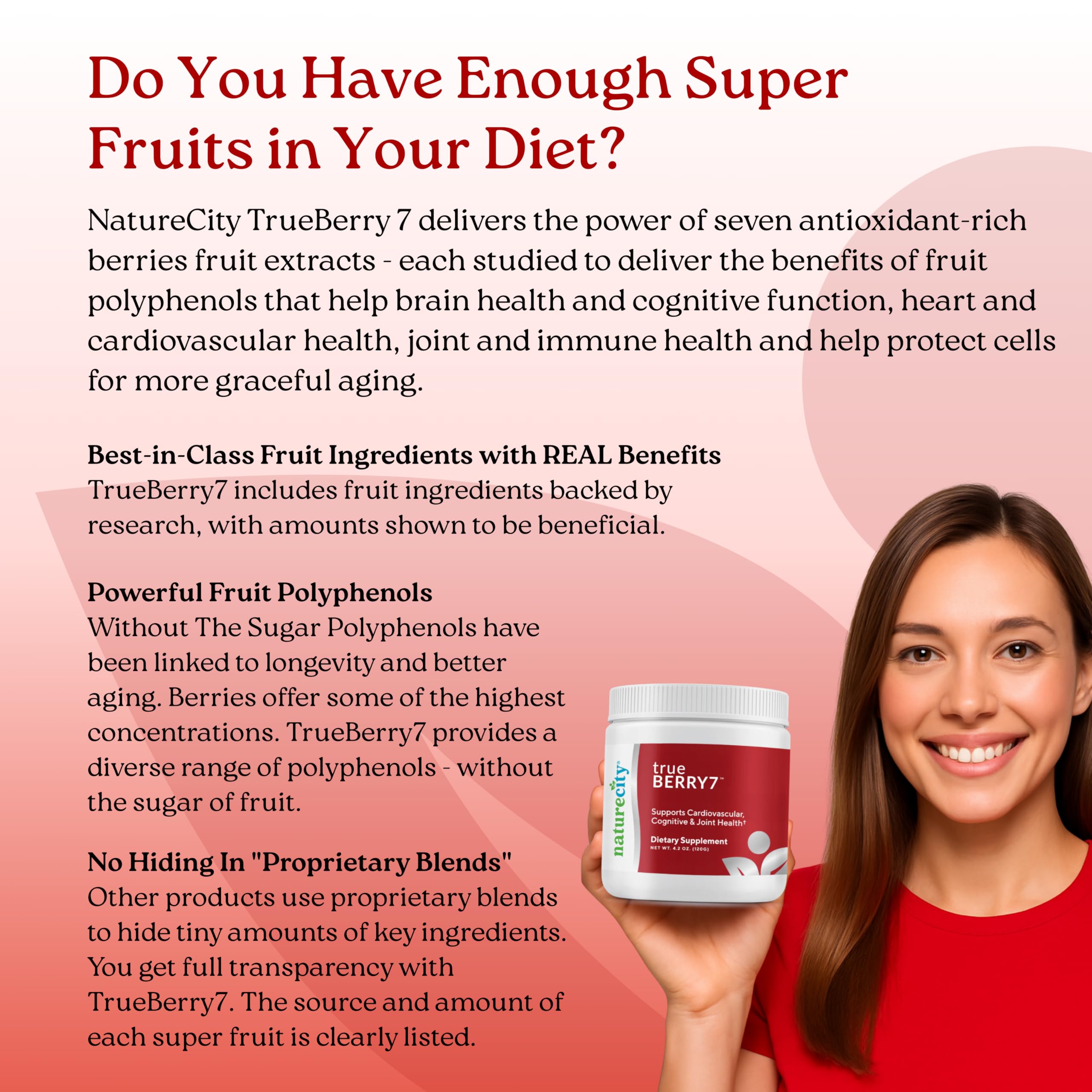 NatureCity True-Berry7 packaging communicates 30 servings and US-made quality.