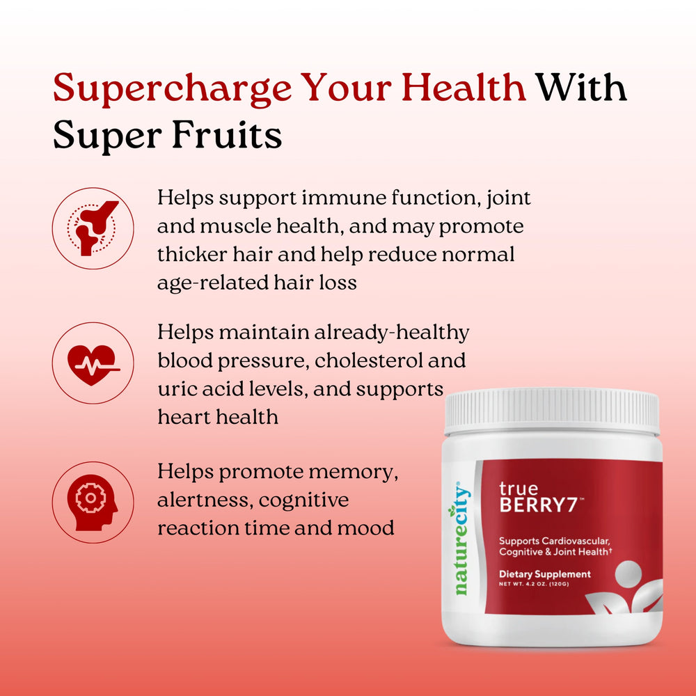 NatureCity True-Berry7 powder scoop suggests quick, convenient daily mixing.
