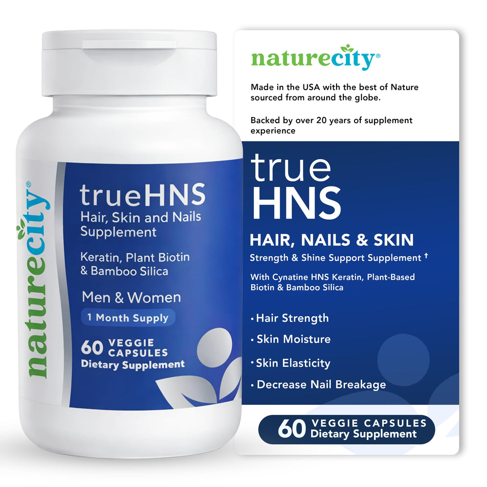 NatureCity True-HNS bottle front for daily hair, nails, and skin support.