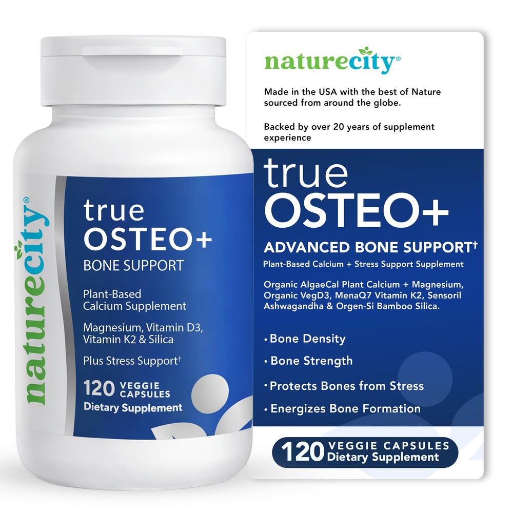 NatureCity True-Osteo bottle front with plant-based calcium label for bone support