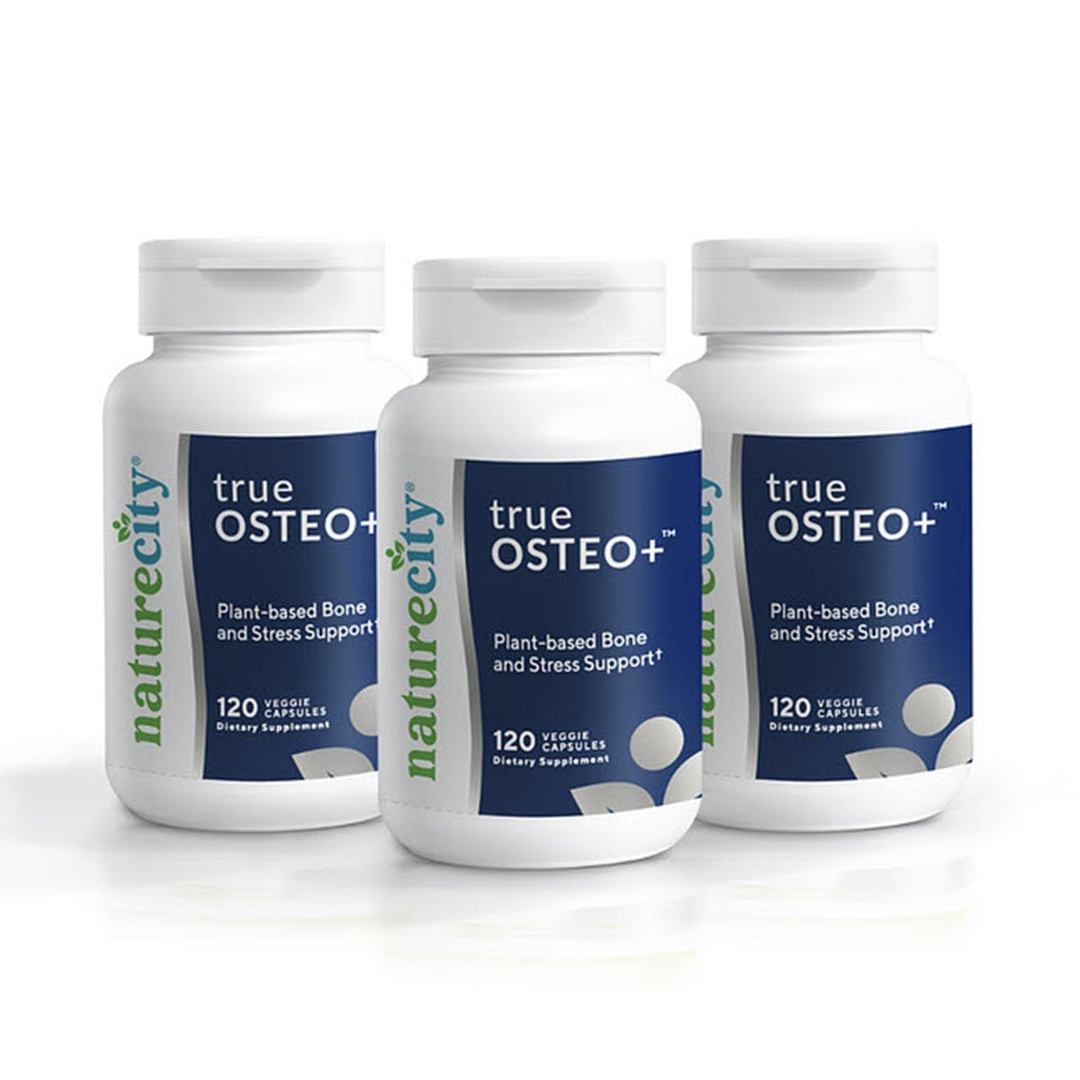 NatureCity True-Osteo+ bottle front shows plant-based calcium for bone support.