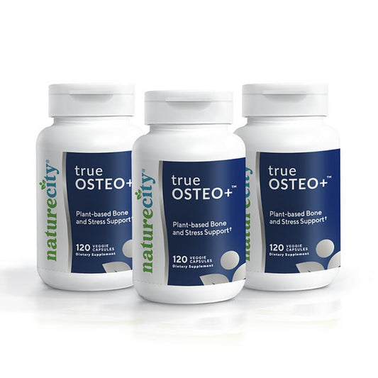 NatureCity True-Osteo+ bottle front shows plant-based calcium for bone support.