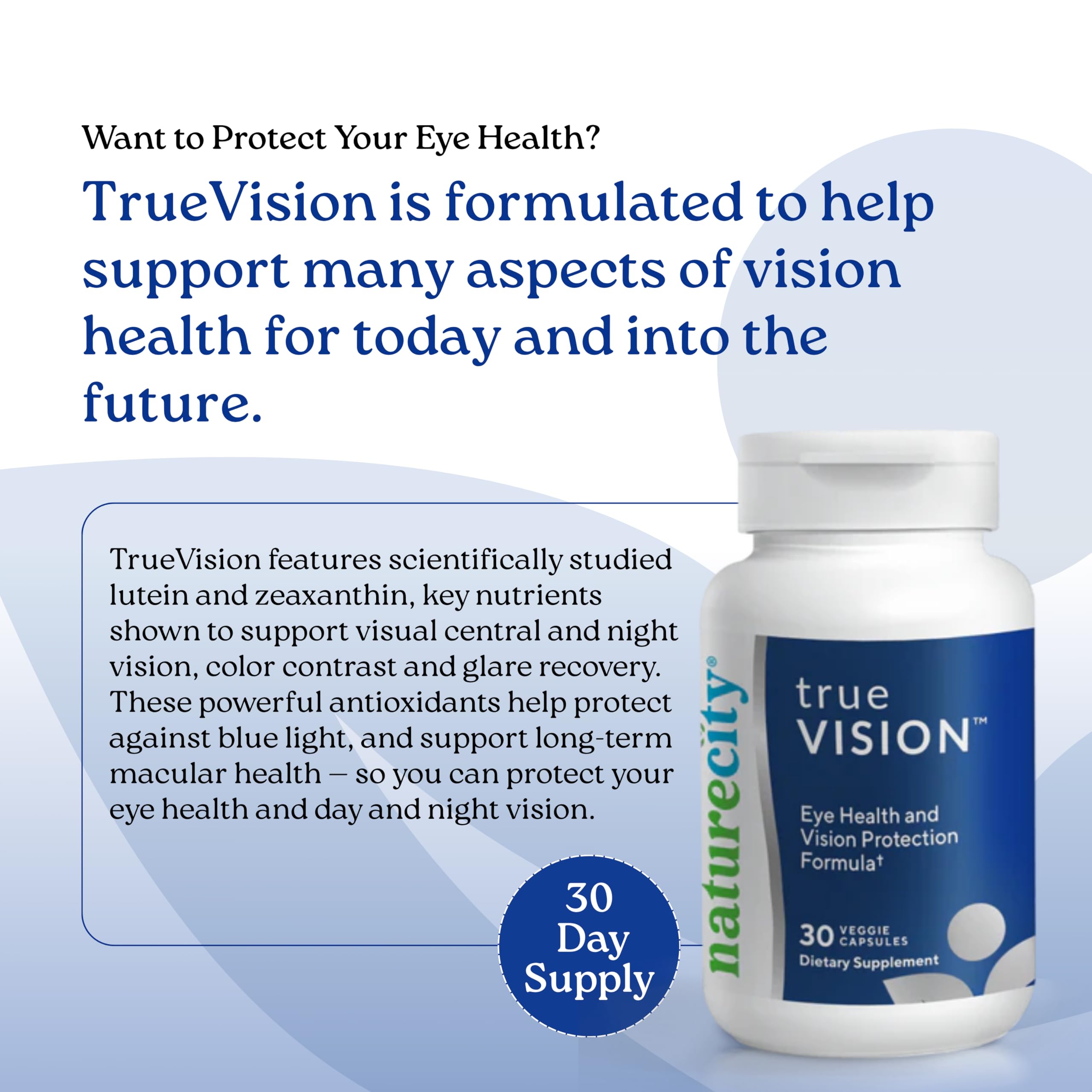 NatureCity TrueVision capsules close-up highlighting plant-based lutein and zeaxanthin