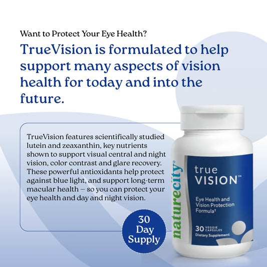 NatureCity TrueVision capsules close-up highlighting plant-based lutein and zeaxanthin