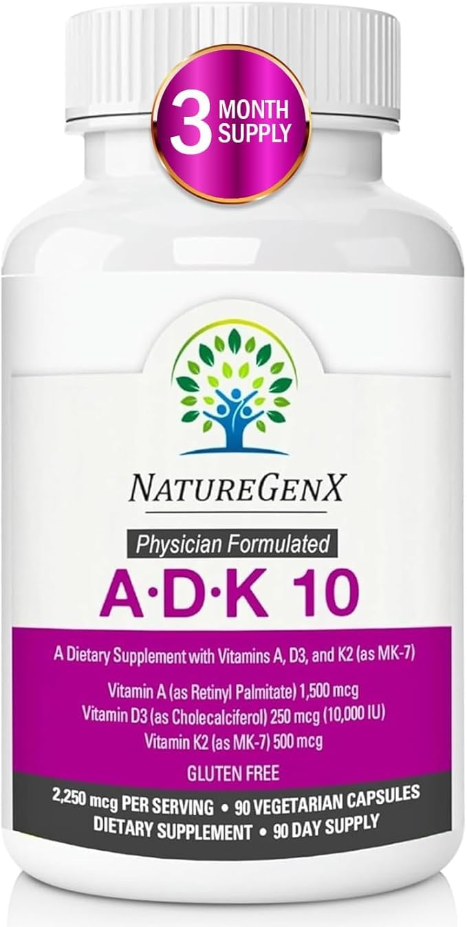 NatureGenX ADK10 bottle front shows high potency vitamin ADK blend for bone support.