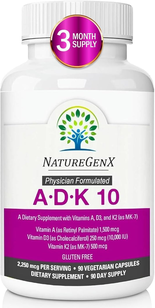 NatureGenX ADK10 bottle front shows high potency vitamin ADK blend for bone support.