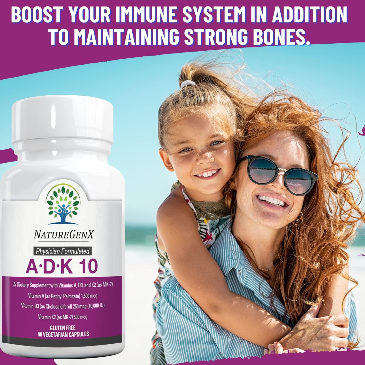 NatureGenX ADK10 ingredients graphic highlights vitamins A, D3, and K2 MK-7.