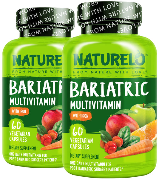 Naturelo Bariatric Multivitamin bottle front showcases compact daily post-surgery nutrition.