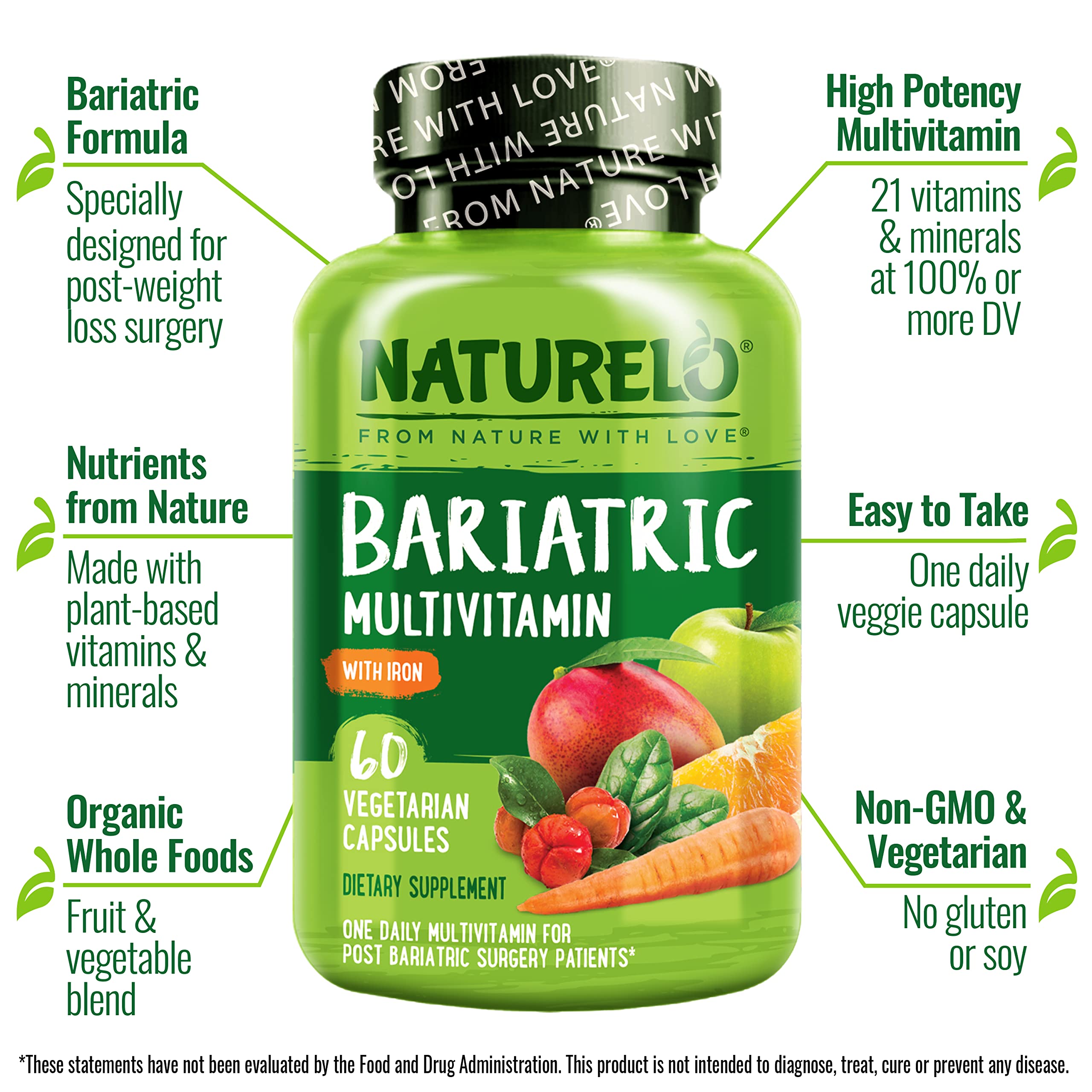 Naturelo Bariatric capsule close-up highlights convenient one-daily dose.