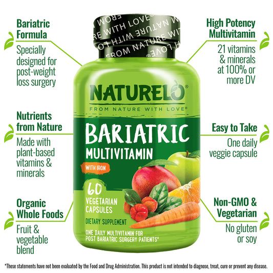 Naturelo Bariatric capsule close-up highlights convenient one-daily dose.
