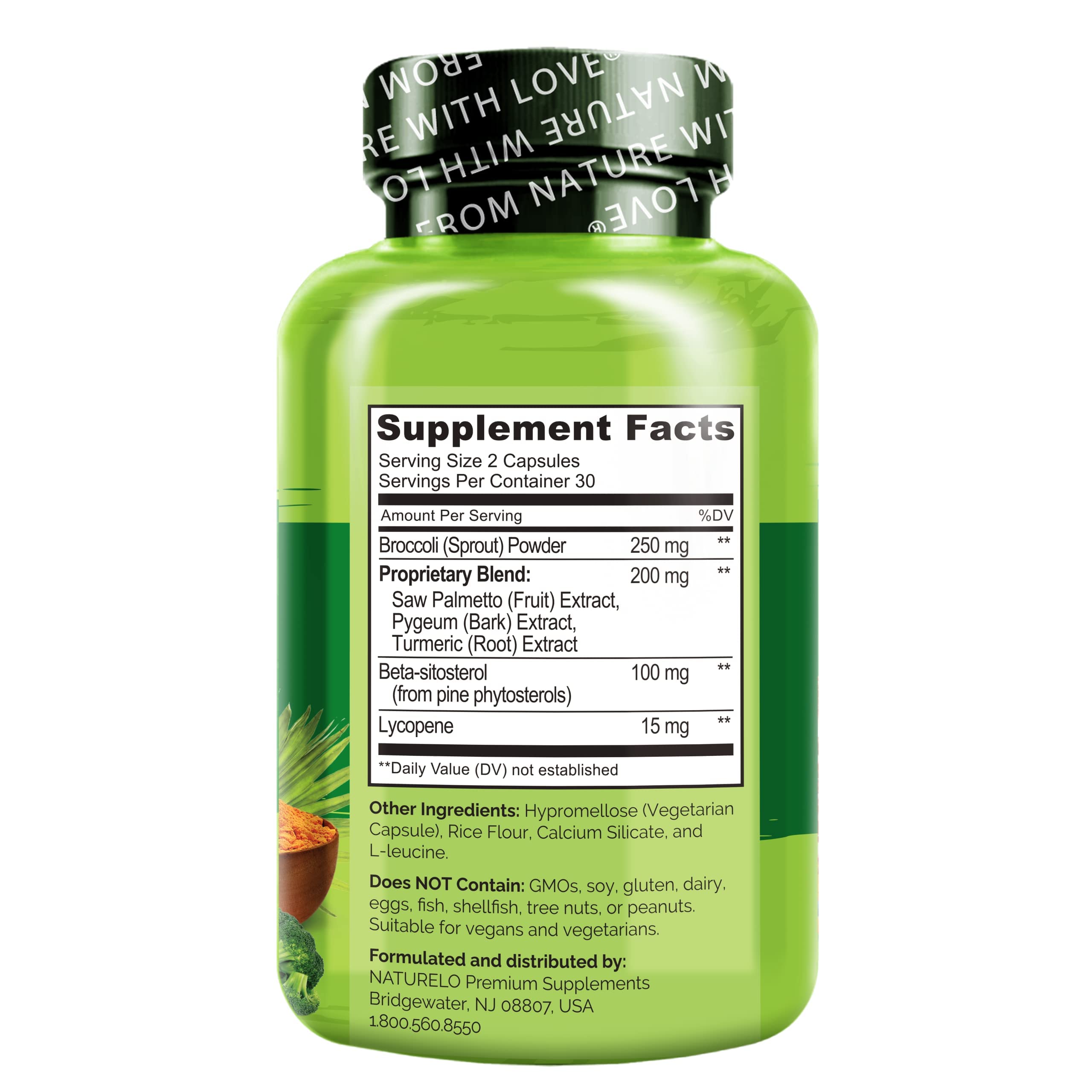 NATURELO Broccoli Lycopene Plant Sterols image showcases antioxidant-rich blend for well-being.