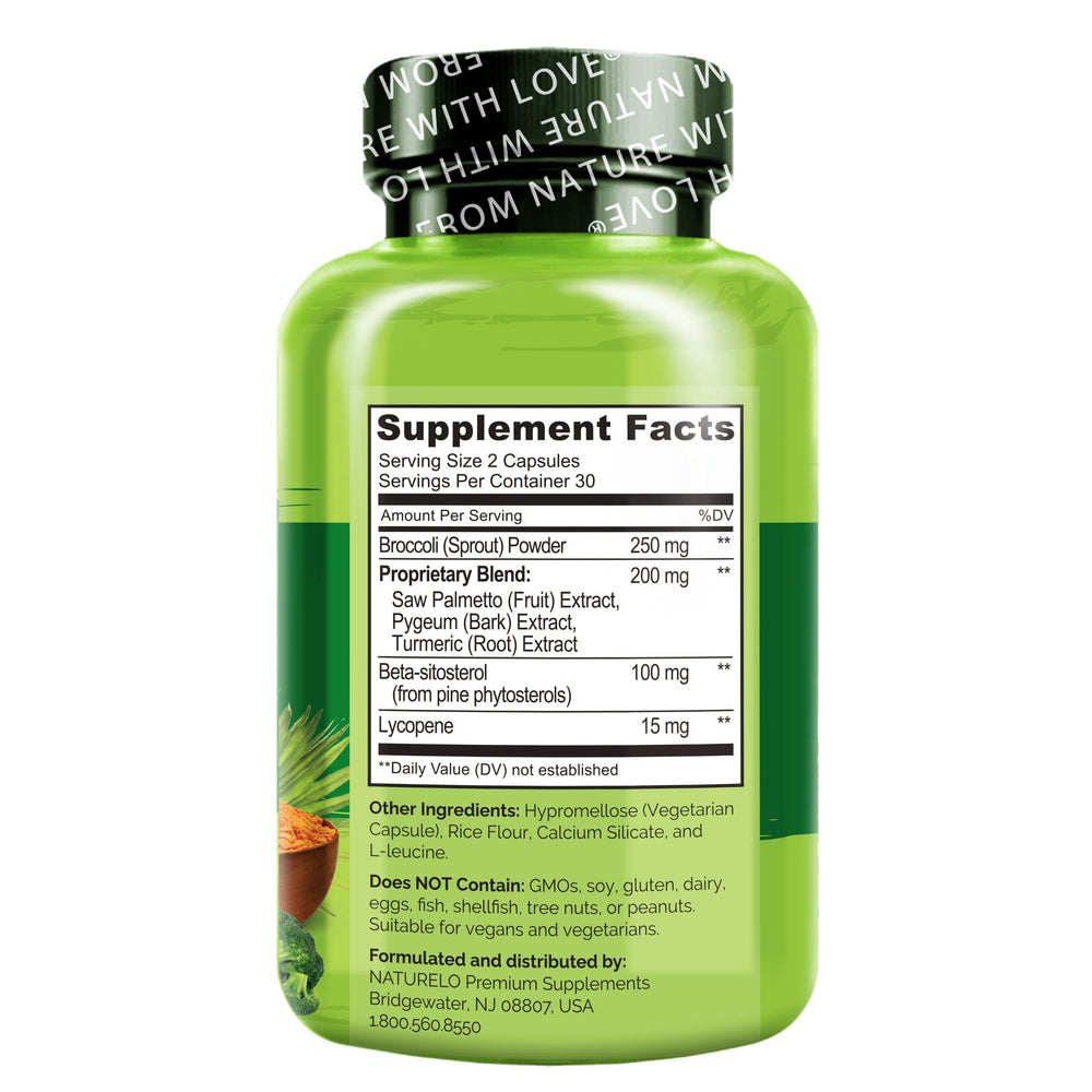 NATURELO Broccoli Lycopene Plant Sterols image showcases antioxidant-rich blend for well-being.