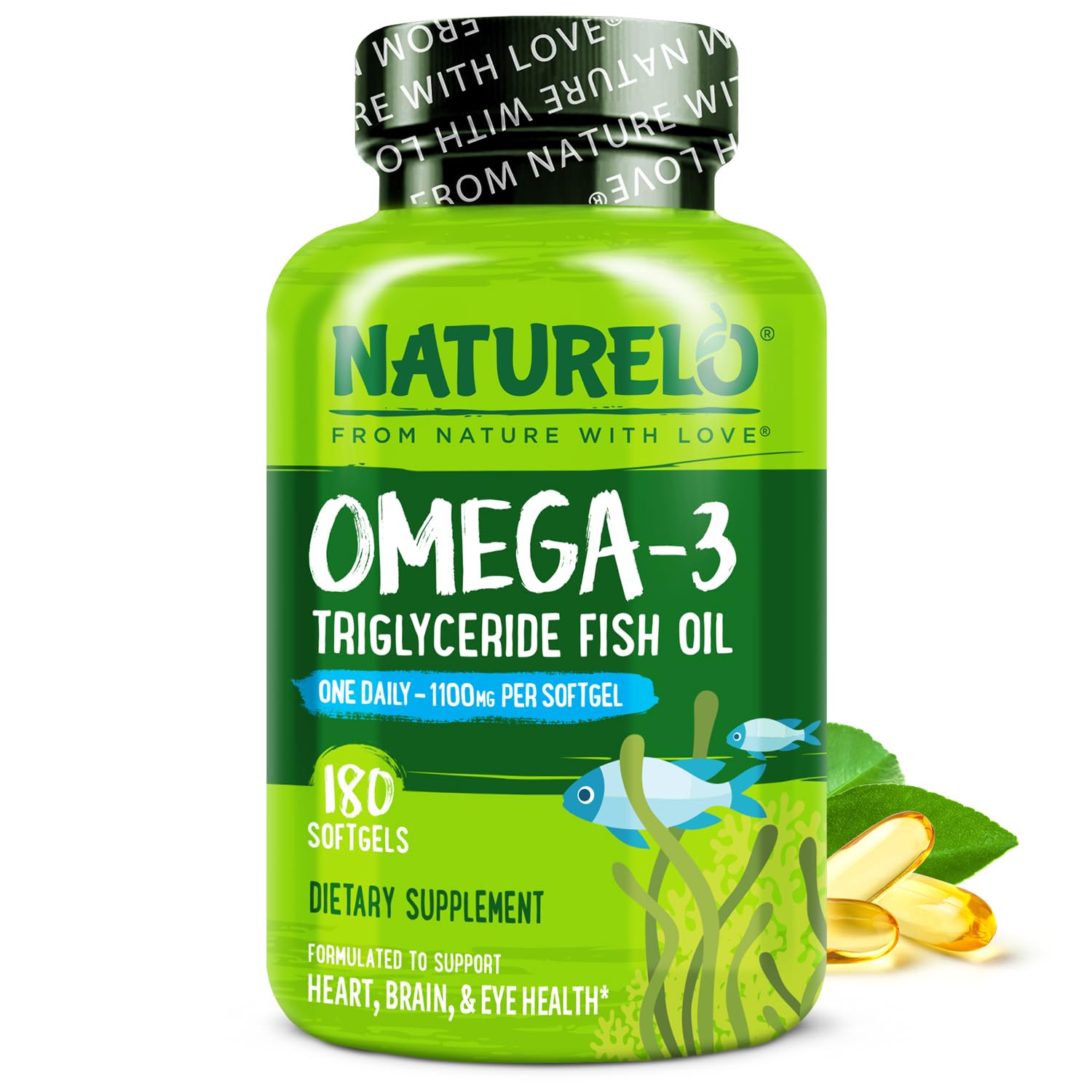 NATURELO Burpless Omega-3 bottle front view with lemon flavor and no fishy aftertaste