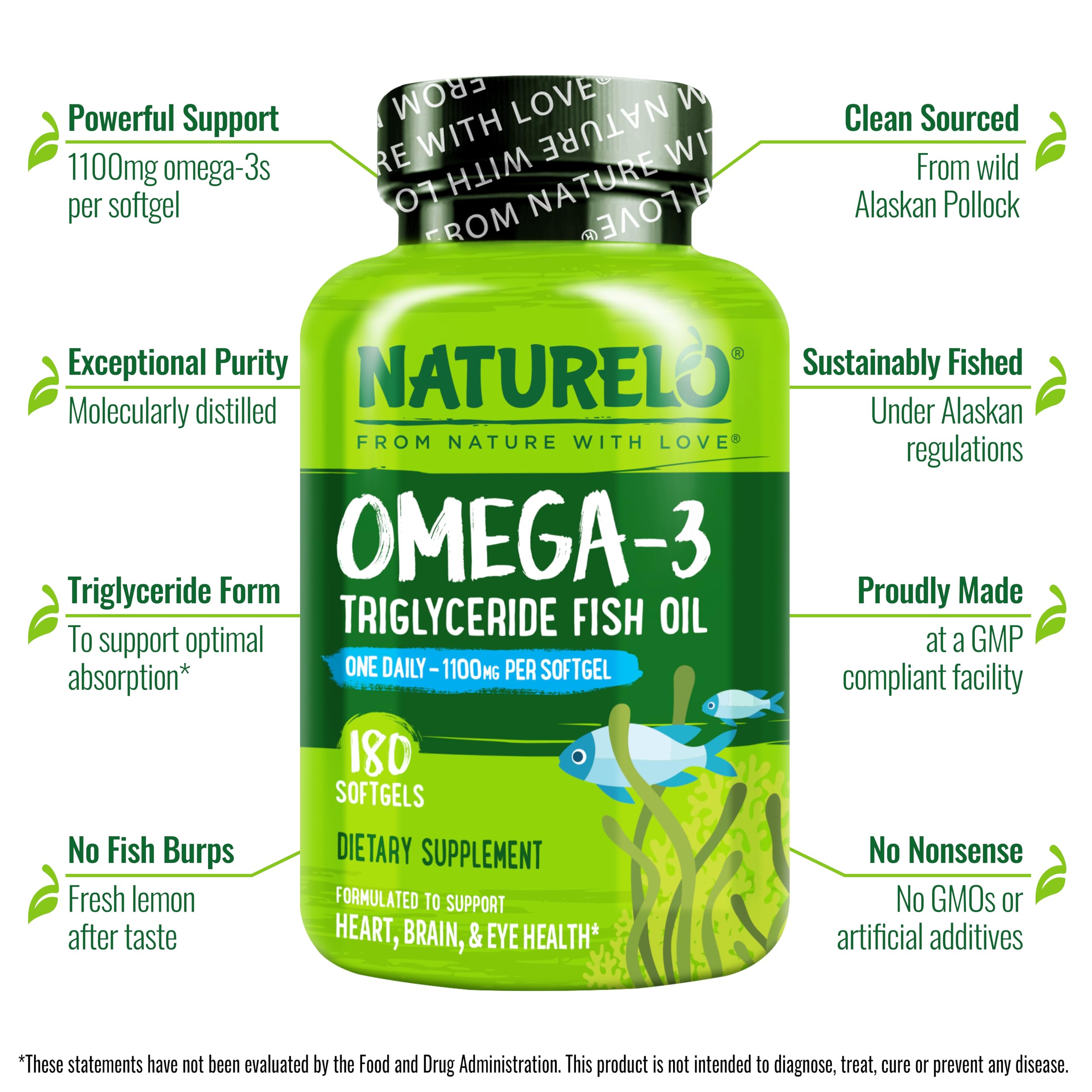 NATURELO Burpless Omega-3 bottle with lemon flavor, daily use made pleasant